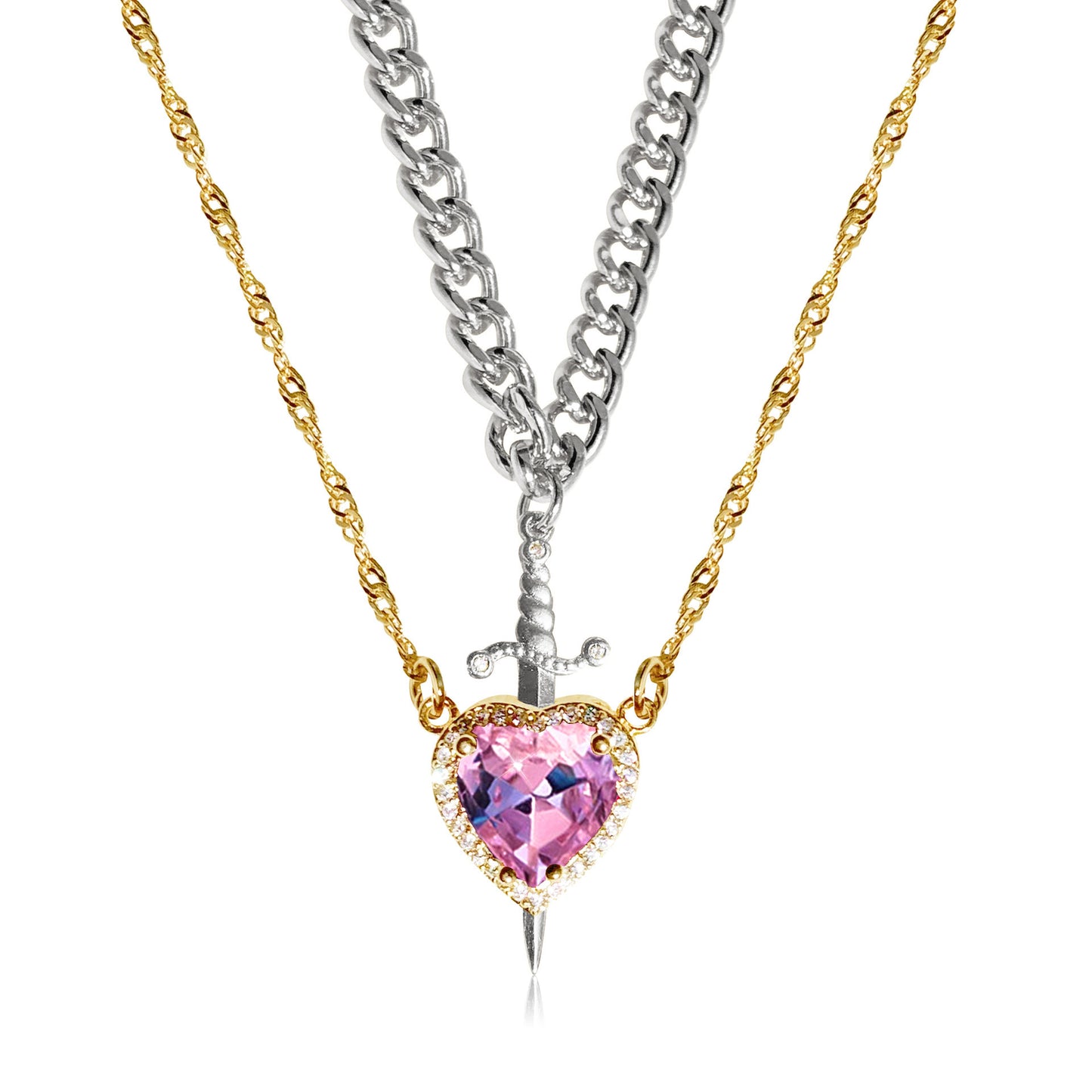 (reverso) Gothic Punk One Arrow Through The Heart Creative Two Color Couple Necklace Red Rhinestone Heart Dagger Necklace Good Friend Gift Fashion Jewelry