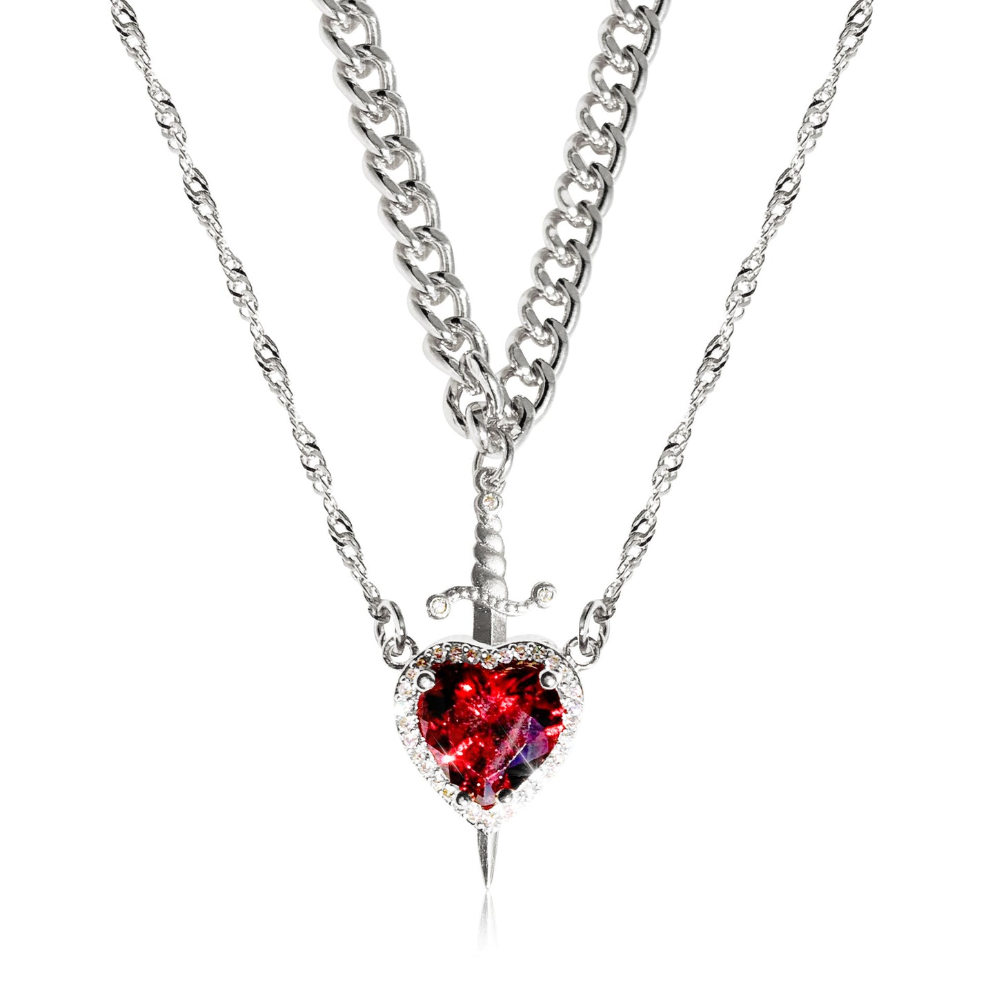 (reverso) Gothic Punk One Arrow Through The Heart Creative Two Color Couple Necklace Red Rhinestone Heart Dagger Necklace Good Friend Gift Fashion Jewelry