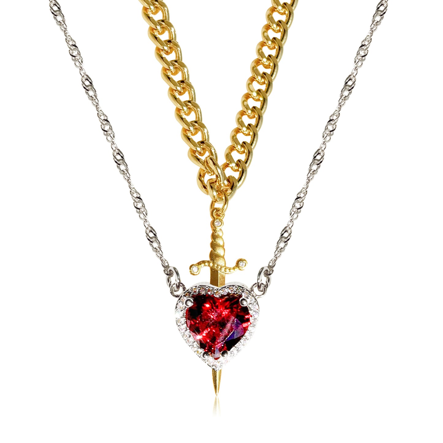 (reverso) Gothic Punk One Arrow Through The Heart Creative Two Color Couple Necklace Red Rhinestone Heart Dagger Necklace Good Friend Gift Fashion Jewelry