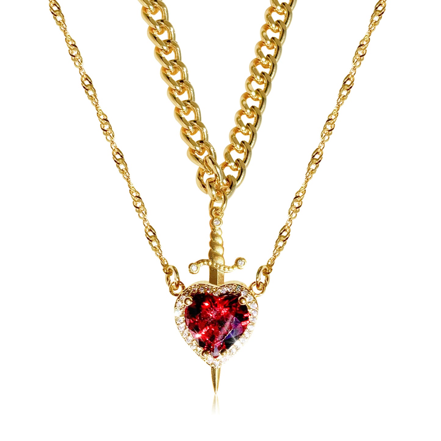(reverso) Gothic Punk One Arrow Through The Heart Creative Two Color Couple Necklace Red Rhinestone Heart Dagger Necklace Good Friend Gift Fashion Jewelry